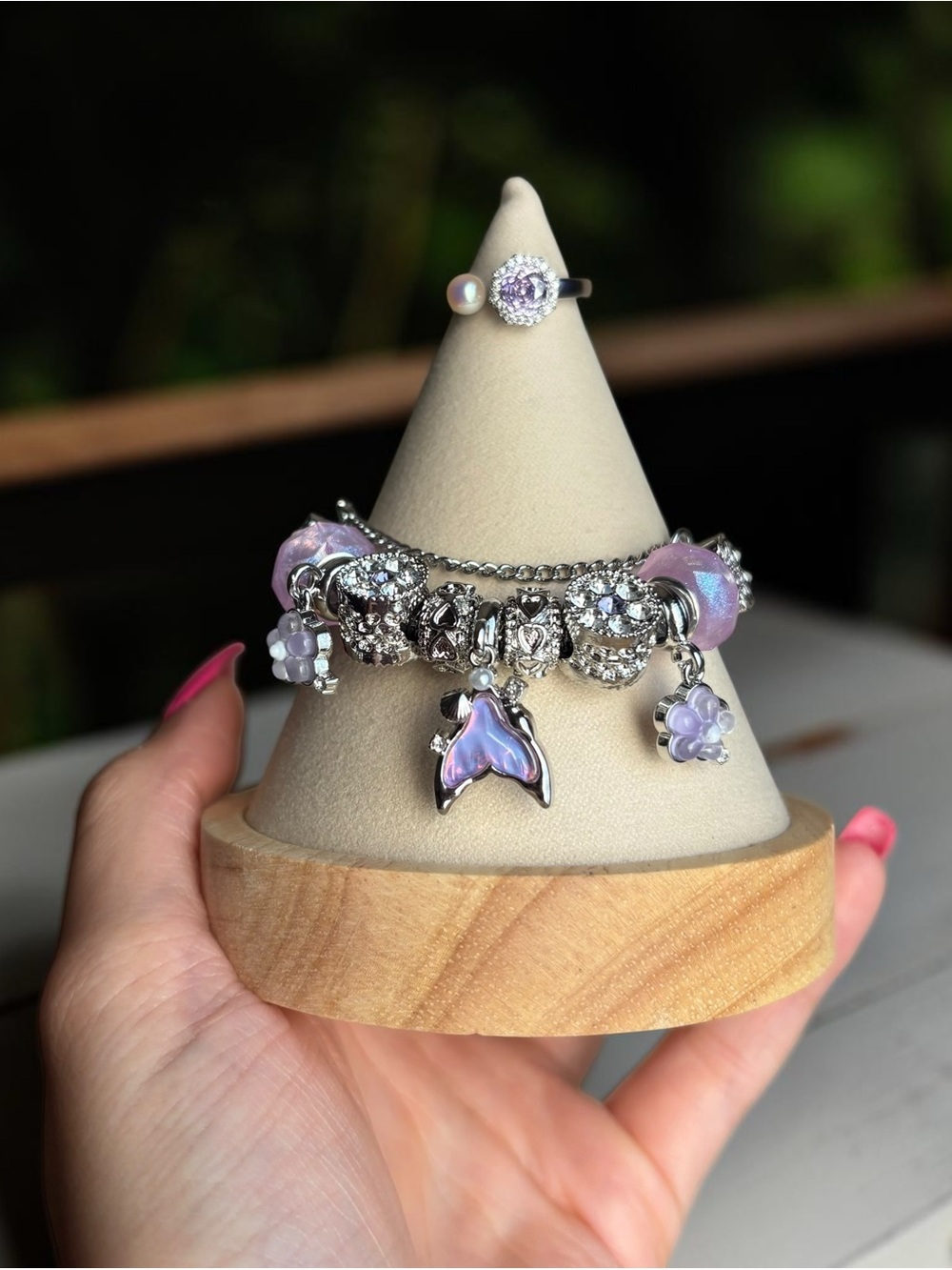 Silver Lavender Mermaid Tail Charm Bracelet and Ring